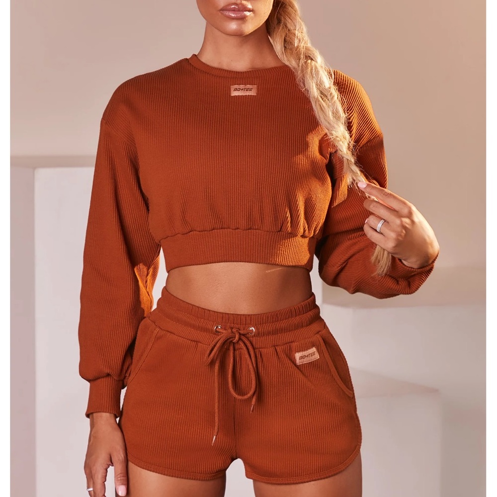 Bo+Tee Oh Polly 2 Piece Ribbed Set Light Brown S